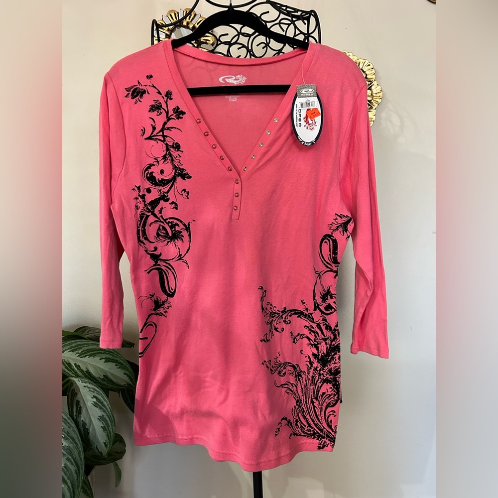 Roper Women's XL Long Sleeve Snap Button Henley Graphic Studded Cross Pink Shirt